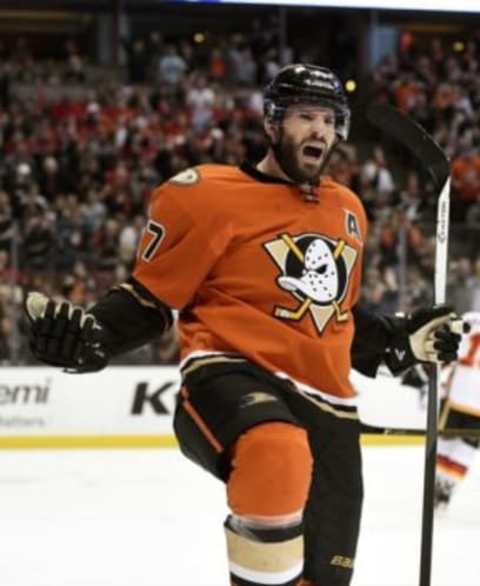 Feb 21, 2016; Anaheim, CA, USA; Anaheim Ducks center Ryan Kesler (17) celebrates after scoring a goal against the Calgary Flames during the second period at Honda Center. Mandatory Credit: Kelvin Kuo-USA TODAY Sports