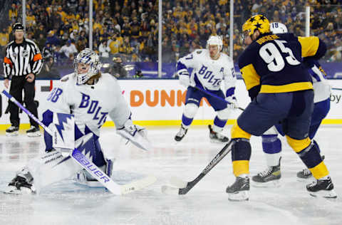 NASHVILLE, TENNESSEE - FEBRUARY 26: Andrei Vasilevskiy #88 of the Tampa Bay Lightning looks for the puck after being shot by Matt Duchene #95 of the Nashville Predators in the second period during the 2022 Navy Federal Credit Union NHL Stadium Series between the Tampa Bay Lightning and the Nashville Predators at Nissan Stadium on February 26, 2022 in Nashville, Tennessee. (Photo by Frederick Breedon/Getty Images)