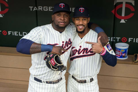 MINNEAPOLIS, MN- MAY 03: Miguel Sano #22 of the Minnesota Twins and Byron Buxton #25 look on against the Oakland Athletics on May 3, 2017 at Target Field in Minneapolis, Minnesota. The Twins defeated the Athletics 7-4. (Photo by Brace Hemmelgarn/Minnesota Twins/Getty Images)