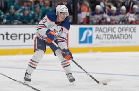 Jan 13, 2023; San Jose, California, USA; Edmonton Oilers center Ryan Nugent-Hopkins (93) during the first period against the San Jose Sharks at SAP Center at San Jose. Mandatory Credit: Stan Szeto-USA TODAY Sports