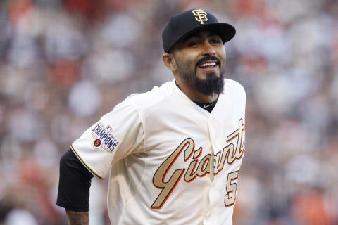 Apr 18, 2015; San Francisco, CA, USA; San Francisco Giants pitcher Sergio Romo (54) smiles during the 2014 World Championship Ring Ceremony before the start of the game against the Arizona Diamondbacks at AT&T Park. Mandatory Credit: Cary Edmondson-USA TODAY Sports