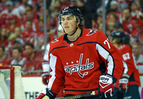 WASHINGTON, DC – APRIL 13: Washington Capitals right wing T.J. Oshie (77) prepares for a face off against the Carolina Hurricanes in the second period on April 13, 2019, at the Capital One Arena in Washington, D.C. in the first round of the Stanley Cup Playoffs. (Photo by Mark Goldman/Icon Sportswire via Getty Images)