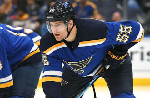 ST. LOUIS, MO – OCTOBER 14: St. Louis Blues defenseman Colton Parayko (55) gets ready to take a face off during a NHL game between the Anaheim Ducks and the St. Louis Blues on October 14, 2018, at Enterprise Center, St. Louis, MO. The Ducks beat the Blues, 3-2. (Photo by Keith Gillett/Icon Sportswire via Getty Images)