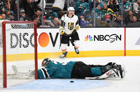 SAN JOSE, CA – APRIL 12: William Karlsson #71 of the Vegas Golden Knights celebrates after scoring a short-handed goal during the third period against the San Jose Sharks in Game Two of the Western Conference First Round during the 2019 Stanley Cup Playoffs at SAP Center on April 12, 2019 in San Jose, California. (Photo by Jeff Bottari/NHLI via Getty Images)