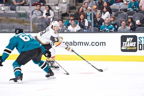 SAN JOSE, CA – SEPTEMBER 21: Vegas Golden Knights center Cody Glass (9) skates around San Jose Sharks defenseman Jacob Middleton (67) during the San Jose Sharks game versus the Vegas Golden Knights on September 21, 2019, at SAP Center at San Jose in San Jose, CA.” (Photo by Matt Cohen/Icon Sportswire via Getty Images)