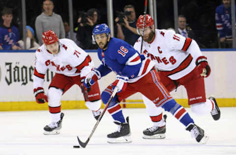 NEW YORK, NEW YORK – JANUARY 03: Vincent Trocheck #16 of the New York Rangers carries the puck against the Carolina Hurricanes during the second period at Madison Square Garden on January 03, 2023, in New York City. (Photo by Bruce Bennett/Getty Images )