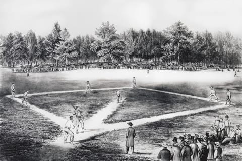 Baseball field, engraving, United States of America, 19th century. (Photo by DeAgostini/Getty Images)