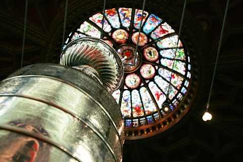 The Stanley Cup on display in the Great Hall at the Hockey Hall (Photo by Bruce Bennett/Getty Images)