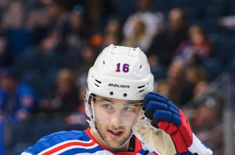 EDMONTON, AB – MARCH 30: Derick Brassard #16 of the New York Rangers in action against the Edmonton Oilers during an NHL game at Rexall Place on March 30, 2014, in Edmonton, Alberta, Canada. The Rangers defeated the Oilers 5-0. (Photo by Derek Leung/Getty Images)