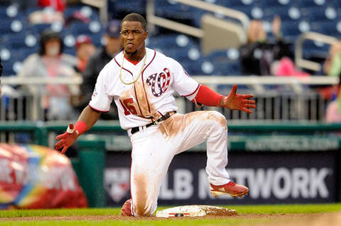 WASHINGTON, DC – SEPTEMBER 23: Victor Robles #16 of the Washington Nationals celebrates after hitting a triple in the eighth inning against the New York Mets at Nationals Park on September 23, 2018 in Washington, DC. (Photo by G Fiume/Getty Images)