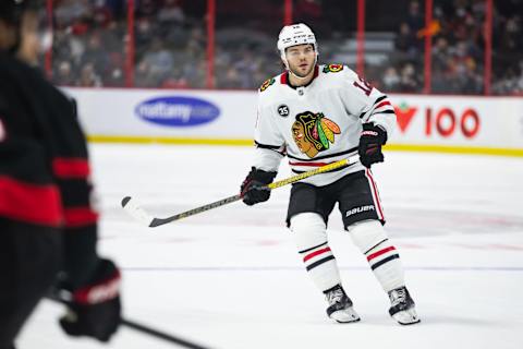 OTTAWA, ON – MARCH 12: Alex DeBrincat #12 of the Chicago Blackhawks skates against the Ottawa Senators during the third period at the Canadian Tire Centre on March 12, 2022 in Ottawa, Ontario, Canada. (Photo by Richard A. Whittaker/Freestyle Photo/Getty Images)