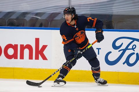 Ethan Bear #74 of the Edmonton Oilers. (Photo by Codie McLachlan/Getty Images)