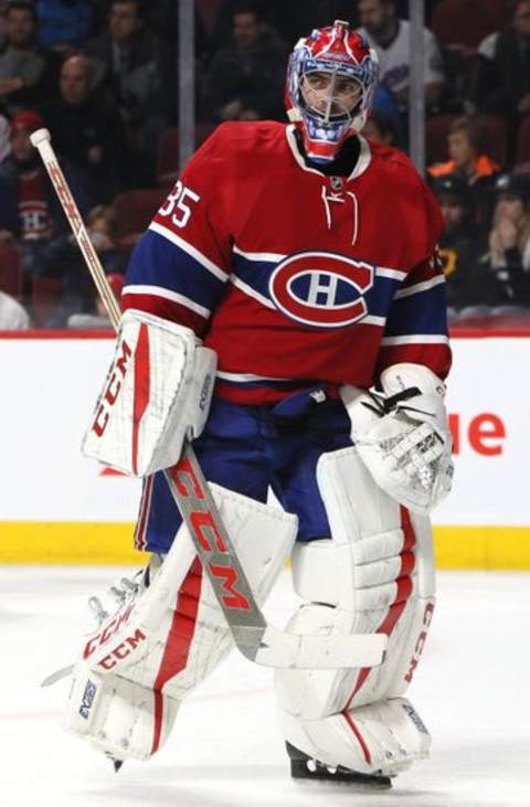 Dec 8, 2016; Montreal, Quebec, CAN; Montreal Canadiens goalie Al Montoya (35) warms up before the first period against New Jersey Devils at Bell Centre. Mandatory Credit: Jean-Yves Ahern-USA TODAY Sports