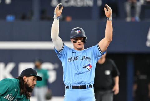 Apr 29, 2023; Toronto, Ontario, CAN; Toronto Blue Jays third baseman Matt Chapman (26) reacts after hitting a double against the Seattle Mariners in the seventh inning at Rogers Centre. Mandatory Credit: Dan Hamilton-USA TODAY Sports