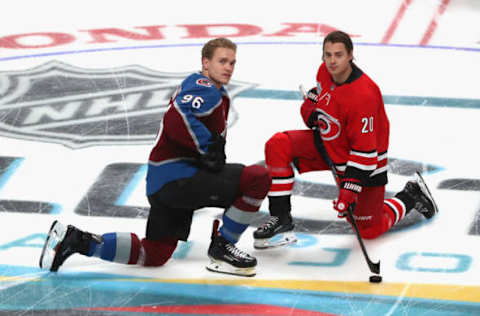 SAN JOSE, CA – JANUARY 25: Mikko Rantanen #96 of the Colorado Avalanche and Sebastian Aho #20 of the Carolina Hurricanes look on prior to the 2019 SAP NHL All-Star Skills at SAP Center on January 25, 2019 in San Jose, California. (Photo by Chase Agnello-Dean/NHLI via Getty Images)