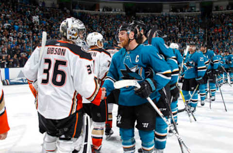 SAN JOSE, CA – APRIL 18: Joe Pavelski #8 of the San Jose Sharks shakes hands with John Gibson #36 of the Anaheim Ducks after Game Four of the 2018 Western Conference First Round on April 18, 2018. (Photo by Rocky W. Widner/NHL/Getty Images)