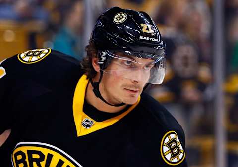 Feb 28, 2016; Boston, MA, USA; Boston Bruins left wing Loui Eriksson (21) during the first period against the Tampa Bay Lightning at TD Garden. Mandatory Credit: Winslow Townson-USA TODAY Sports