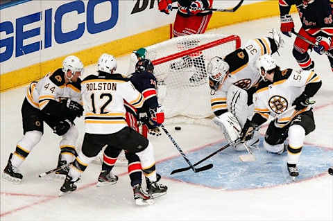 Mar. 4, 2012; New York, NY, USA; New York Rangers right wing Marian Gaborik (10) scores a goal on Boston Bruins goalie Tim Thomas (30) during the third period at Madison Square Garden. Rangers won 4-3. Mandatory Credit: Debby Wong-US PRESSWIRE