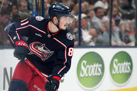 COLUMBUS, OHIO – APRIL 13: Stanislav Svozil #81 of the Columbus Blue Jackets skates during the third period against the Pittsburgh Penguins at Nationwide Arena on April 13, 2023 in Columbus, Ohio. (Photo by Jason Mowry/Getty Images)