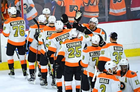 NHL Team Name Origins: Philadelphia Flyers right wing Jakub Voracek (93) celebrates with teammates after scoring the  winning goal in overtime against Detroit at Wells Fargo Center.  Mandatory Credit: Eric Hartline-USA TODAY Sports