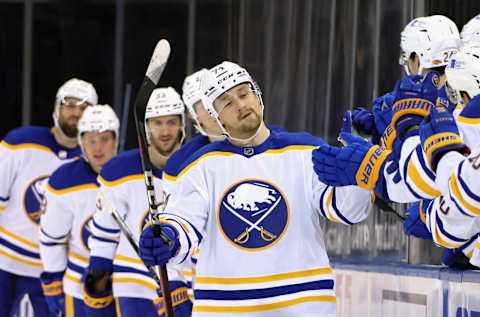 NEW YORK, NEW YORK – MARCH 22: Rasmus Asplund #74 of the Buffalo Sabres celebrates his second period goal against the New York Rangers at Madison Square Garden on March 22, 2021 in New York City. (Photo by Bruce Bennett/Getty Images)