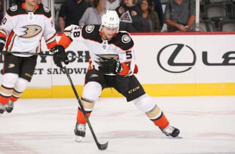 DENVER, CO – OCTOBER 13: Nicolas Kerdiles #58 of the Anaheim Ducks skates prior to the game against the Colorado Avalanche at the Pepsi Center on October 13, 2017, in Denver, Colorado. The Avalanche defeated the Ducks 3-1. (Photo by Michael Martin/NHLI via Getty Images)