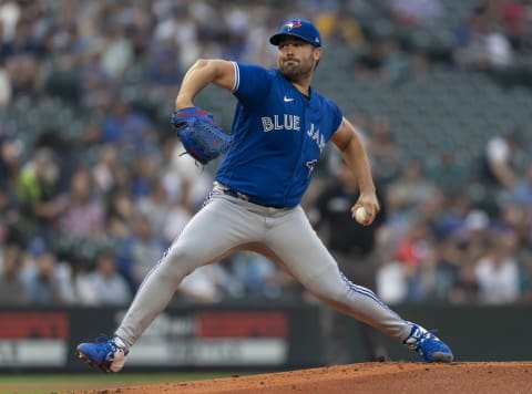 SEATTLE, WASHINGTON – AUGUST 13: Starter Robbie Ray #38 of the Toronto Blue Jays delivers a pitch during a game against the Seattle Mariners at T-Mobile Park on August 13, 2021 in Seattle, Washington. The Mariners won 3-2. (Photo by Stephen Brashear/Getty Images)