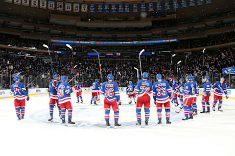 NEW YORK, NY – FEBRUARY 23: The New York Rangers celebrate after defeating the New Jersey Devils 5-2 at Madison Square Garden on February 23, 2019 in New York City. (Photo by Jared Silber/NHLI via Getty Images)