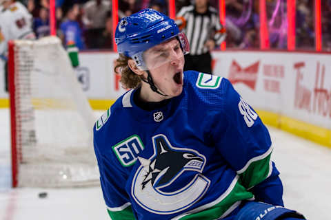 VANCOUVER, BC – FEBRUARY 20: Adam Gaudette #88 of the Vancouver Canucks scores against goaltender Corey Crawford #50 of the Chicago Blackhawks during the second period at Rogers Arena on February 12, 2020 in Vancouver, Canada. (Photo by Ben Nelms/Getty Images)