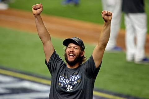 Oct 27, 2020; Arlington, Texas, USA; Los Angeles Dodgers starting pitcher Clayton Kershaw (22) celebrates after the Los Angeles Dodgers beat the Tampa Bay Rays to win the World Series in game six of the 2020 World Series at Globe Life Field. Mandatory Credit: Tim Heitman-USA TODAY Sports