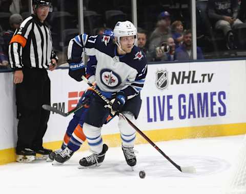 NEW YORK, NEW YORK – OCTOBER 06: Nikolaj Ehlers #27 of the Winnipeg Jets skates against the New York Islanders at NYCB Live’s Nassau Coliseum on October 06, 2019 in New York City. The Islanders defeated the Jets 4-1. (Photo by Bruce Bennett/Getty Images)