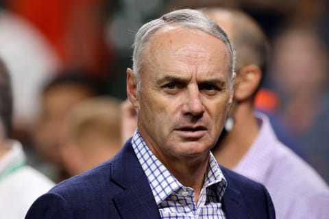 HOUSTON, TEXAS – OCTOBER 26: Major League Baseball Commissioner Rob Manfred looks on prior to Game One of the World Series between the Atlanta Braves and the Houston Astros at Minute Maid Park on October 26, 2021 in Houston, Texas. (Photo by Bob Levey/Getty Images)