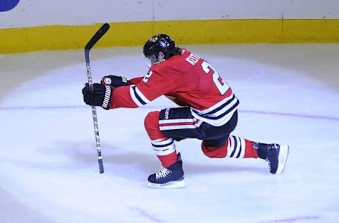 Apr 19, 2016; Chicago, IL, USA; Chicago Blackhawks defenseman Duncan Keith (2) celebrates his goal against the St. Louis Blues during the second period in game four of the first round of the 2016 Stanley Cup Playoffs at United Center. Mandatory Credit: David Banks-USA TODAY Sports