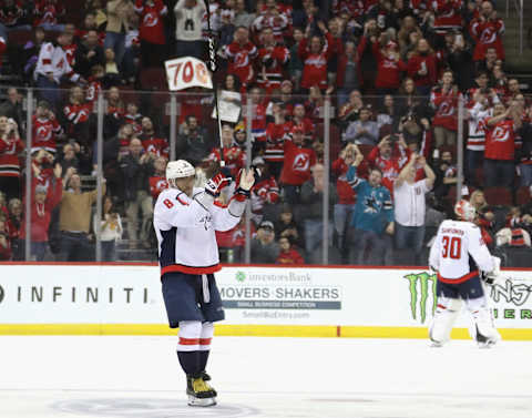 NEWARK, NEW JERSEY – FEBRUARY 22: Alex Ovechkin #8 of the Washington Capitals celebrates his goal at 4:50 of the third period against the New Jersey Devils at the Prudential Center on February 22, 2020 in Newark, New Jersey. With the goal, Ovechkin became the eight player in NHL history to score 700 goals. (Photo by Bruce Bennett/Getty Images)