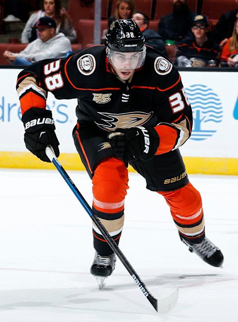 ANAHEIM, CA – MARCH 12: Derek Grant #38 of the Anaheim Ducks skates during the game against the Nashville Predators on March 12, 2019 at Honda Center in Anaheim, California. (Photo by Debora Robinson/NHLI via Getty Images)