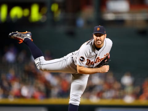 May 9, 2017; Phoenix, AZ, USA; Detroit Tigers pitcher Justin Verlander against the Arizona Diamondbacks at Chase Field. Mandatory Credit: Mark J. Rebilas-USA TODAY Sports