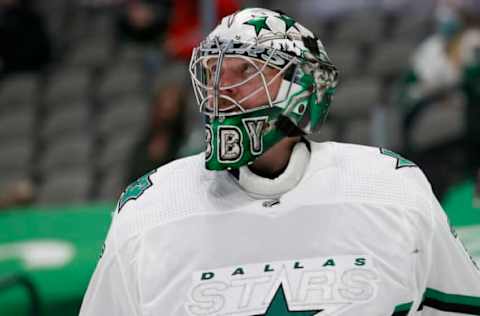 DALLAS, TEXAS – APRIL 19: Anton Khudobin #35 of the Dallas Stars reacts against the Detroit Red Wings in the third period at American Airlines Center on April 19, 2021 in Dallas, Texas. (Photo by Tom Pennington/Getty Images)