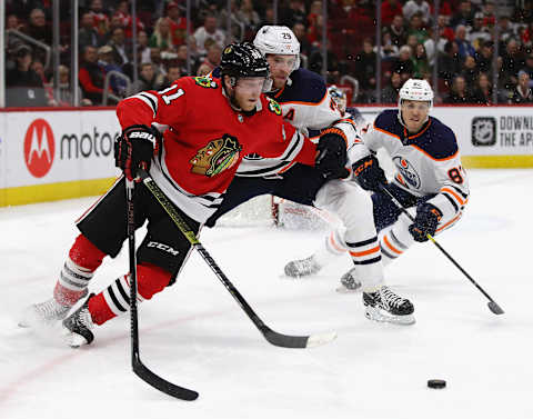 CHICAGO, ILLINOIS – MARCH 05: Drake Caggiula #91 of the Chicago Blackhawks  . (Photo by Jonathan Daniel/Getty Images)