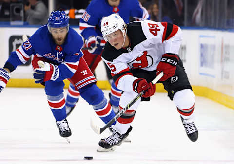 Fabian Zetterlund #49 of the New Jersey Devils (Photo by Bruce Bennett/Getty Images)