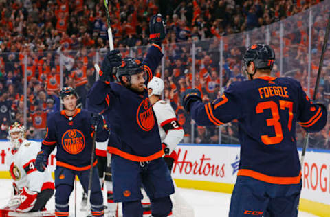 Edmonton Oilers Celebrate Goal Against Ottawa Senators. Mandatory Credit: Perry Nelson-USA TODAY Sports