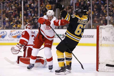 I can watch Marchand being Kronwall’d all day long. Mandatory Credit: Greg M. Cooper-USA TODAY Sports