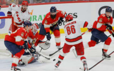 May 24, 2023; Sunrise, Florida, USA; Carolina Hurricanes left wing Teuvo “Turbo” Teravainen (86) shoots the puck at goaltender Sergei Bobrovsky (72) during the second period in game four of the Eastern Conference Finals of the 2023 Stanley Cup Playoffs at FLA Live Arena. Mandatory Credit: Sam Navarro-USA TODAY Sports