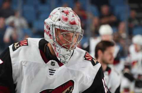 BUFFALO, NY – OCTOBER 28: Darcy Kuemper #35 of the Arizona Coyotes warms before an NHL game against the Buffalo Sabres on October 28, 2019 at KeyBank Center in Buffalo, New York. (Photo by Bill Wippert/NHLI via Getty Images)