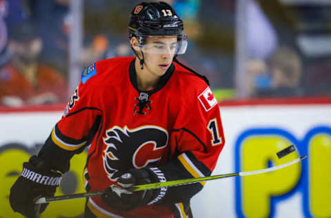 Mar 5, 2017; Calgary, Alberta, CAN; Calgary Flames left wing Johnny Gaudreau (13) controls the puck during the warmup period against the New York Islanders at Scotiabank Saddledome. Mandatory Credit: Sergei Belski-USA TODAY Sports