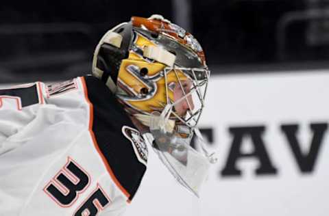 LAS VEGAS, NEVADA – OCTOBER 20: John Gibson #36 of the Anaheim Ducks takes a break during a stop in play in the second period of a game against the Vegas Golden Knights at T-Mobile Arena on October 20, 2018, in Las Vegas, Nevada. (Photo by Ethan Miller/Getty Images)