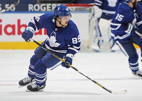 TORONTO, ON – APRIL 13: Nick Robertson #89 of the Toronto Maple Leafs  (Photo by Claus Andersen/Getty Images)