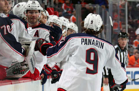 PHILADELPHIA, PA – DECEMBER 22: Artemi Panarin #9 of the Columbus Blue Jackets celebrates his second period goal against the Philadelphia Flyers with his teammates on the bench on December 22, 2018 at the Wells Fargo Center in Philadelphia, Pennsylvania. (Photo by Len Redkoles/NHLI via Getty Images)