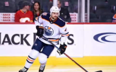 CALGARY, AB – APRIL 06: Edmonton Oilers Defenceman Kris Russell (4) warms up before an NHL game where the Calgary Flames hosted the Edmonton Oilers on April 6, 2019, at the Scotiabank Saddledome in Calgary, AB. (Photo by Brett Holmes/Icon Sportswire via Getty Images)