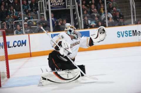 SAN JOSE, CA: Jean-Sebastien Giguere #35 of the Anaheim Ducks makes a save during an NHL game against the San Jose Sharks on December 26, 2009. (Photo by Don Smith/NHLI via Getty Images)