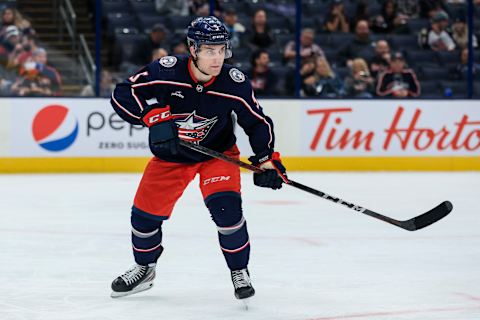 Sep 28, 2022; Columbus, Ohio, USA; Columbus Blue Jackets defenseman Denton Mateychuk (5) skates against the Buffalo Sabres in the third period at Nationwide Arena. Mandatory Credit: Aaron Doster-USA TODAY Sports